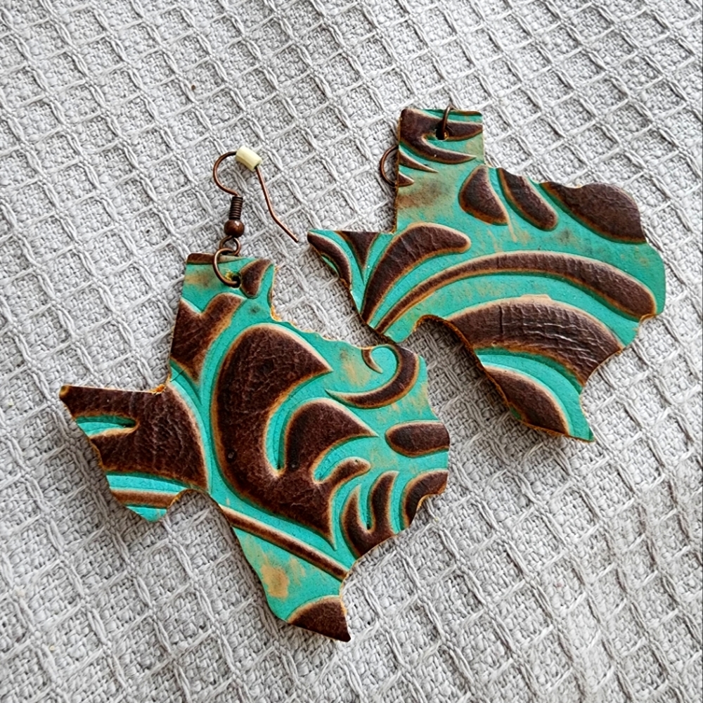 Faux leather teal & dark brown Texas Earrings